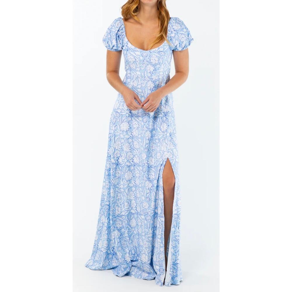 Smith & Quinn Maxi Dress Elizabeth Blue Floral Puff Sleeve Sweetheart